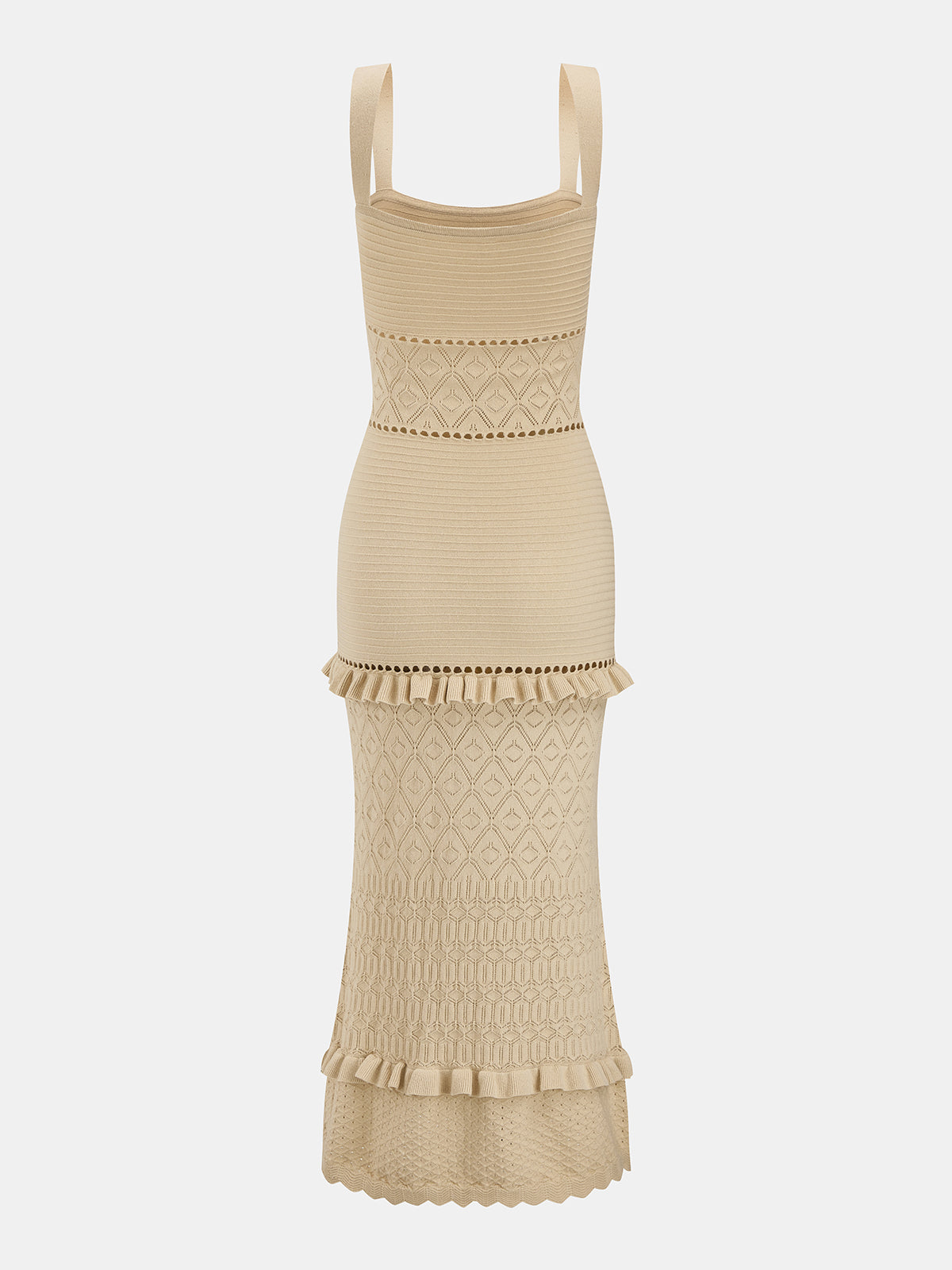 Hollow Knit Ruffle Maxi Slip Dress Lightweight Elegant Beachwear