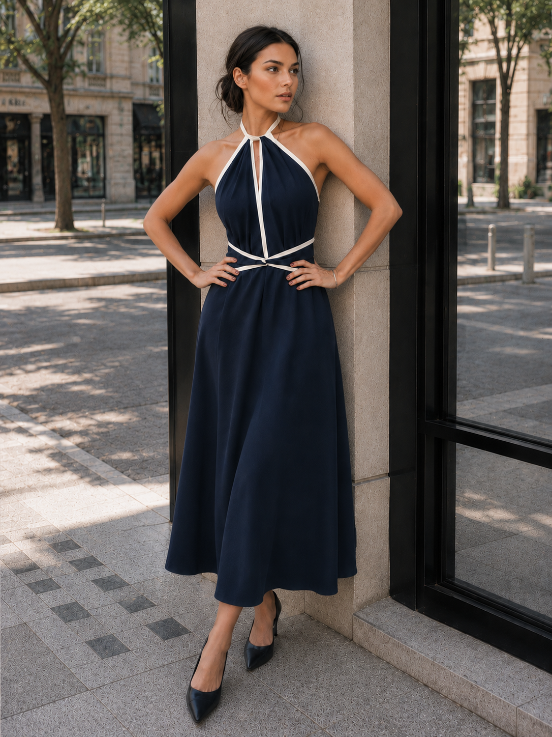 Contrast Halter Cotton Swing Dress with Pockets and Belted Waist