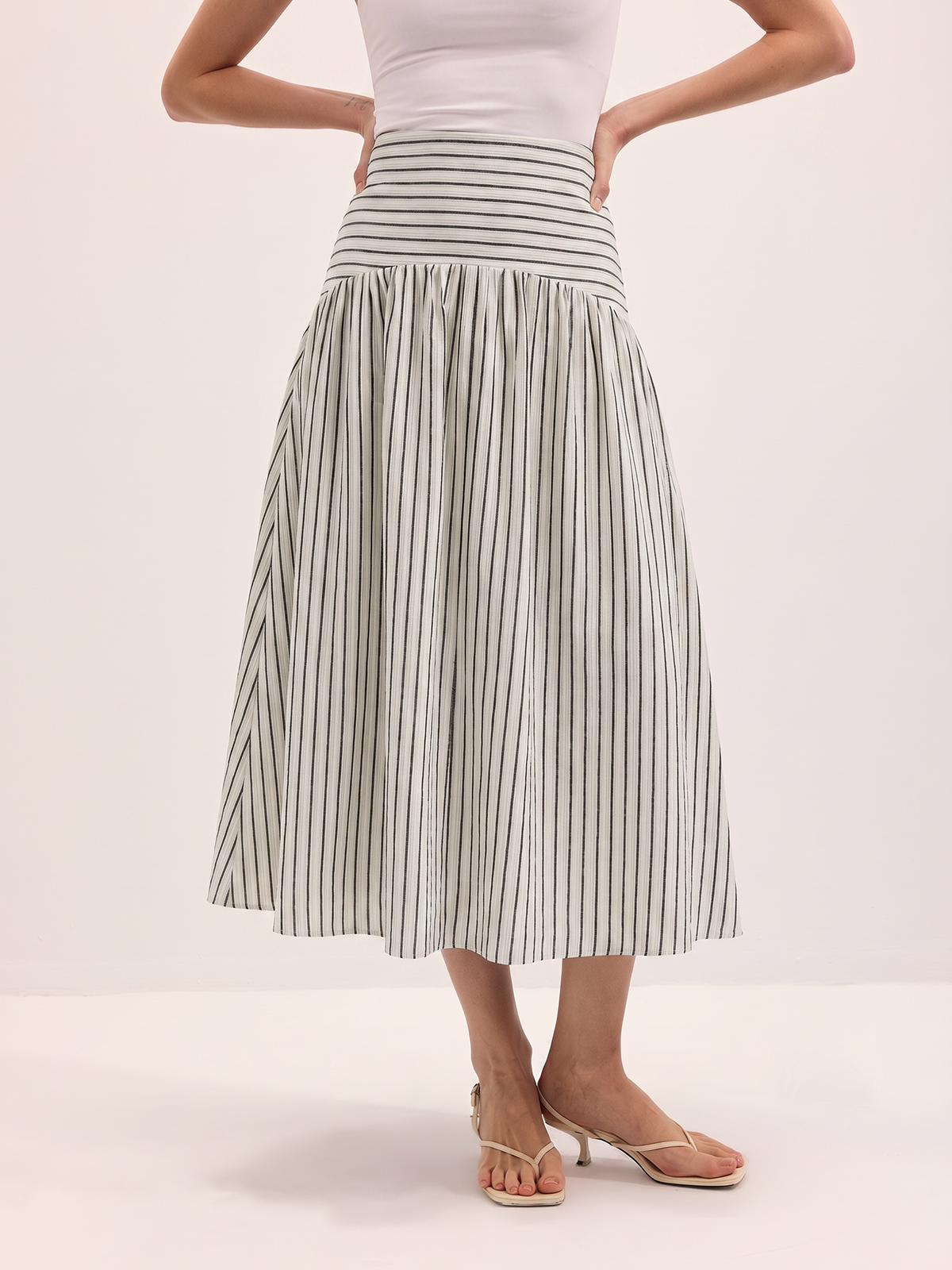 Mid Waist Striped Gathered Midi Skirt for Women Casual Summer Wear