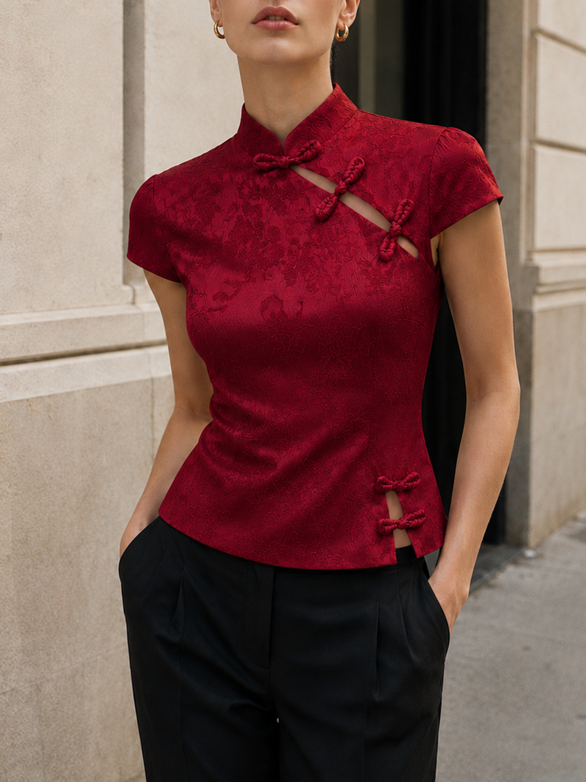 Frog Button Jacquard Cheongsam Top Traditional Chinese Style