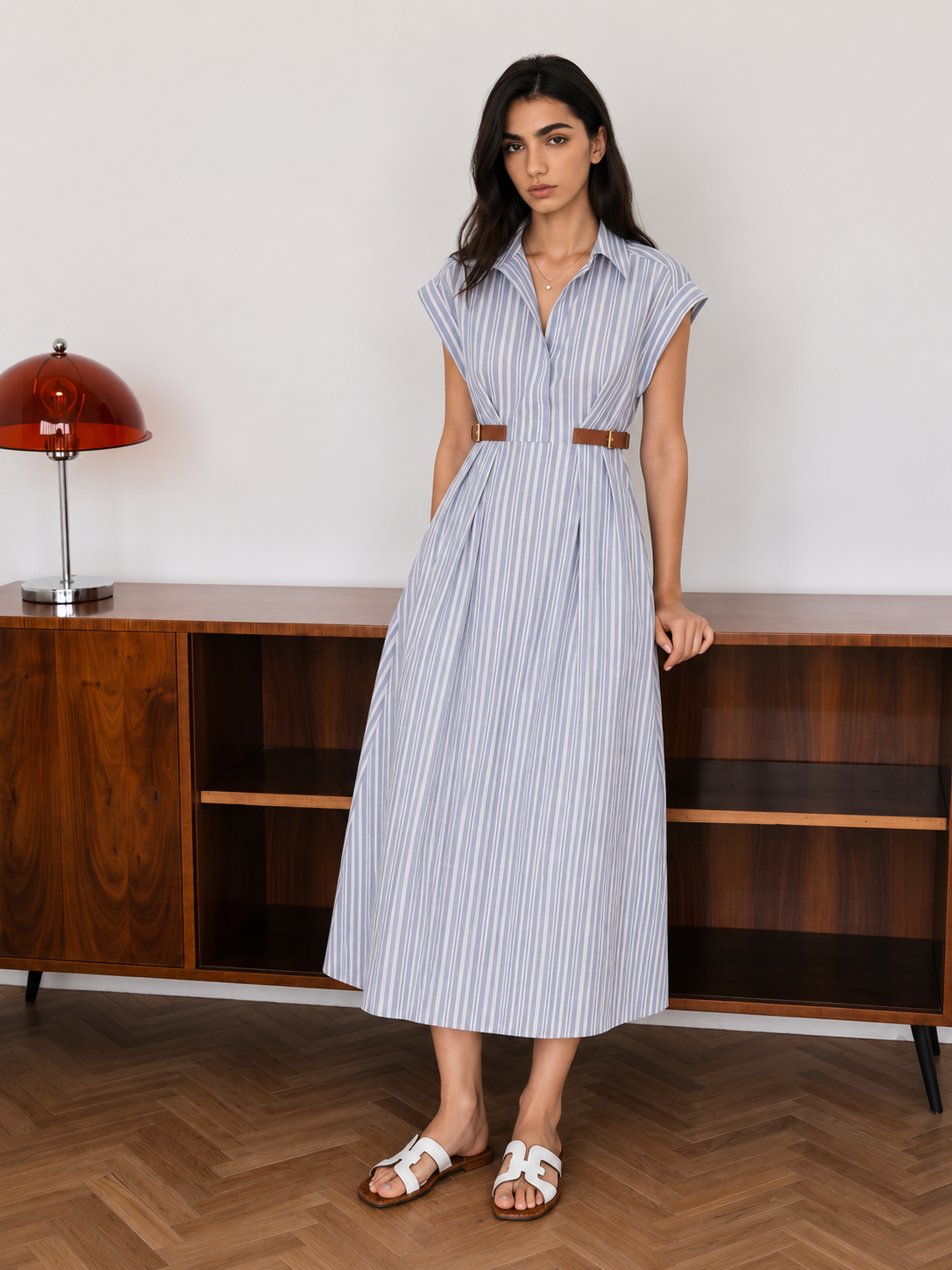 Striped Buckle Detail Cotton Shirt Dress with Belted Waist