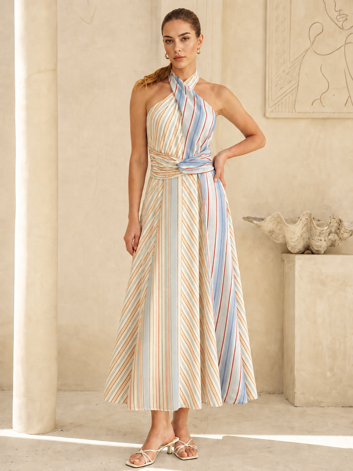 Colorful Stripe Halter Tie-Back Maxi Dress for Summer Beach Outings