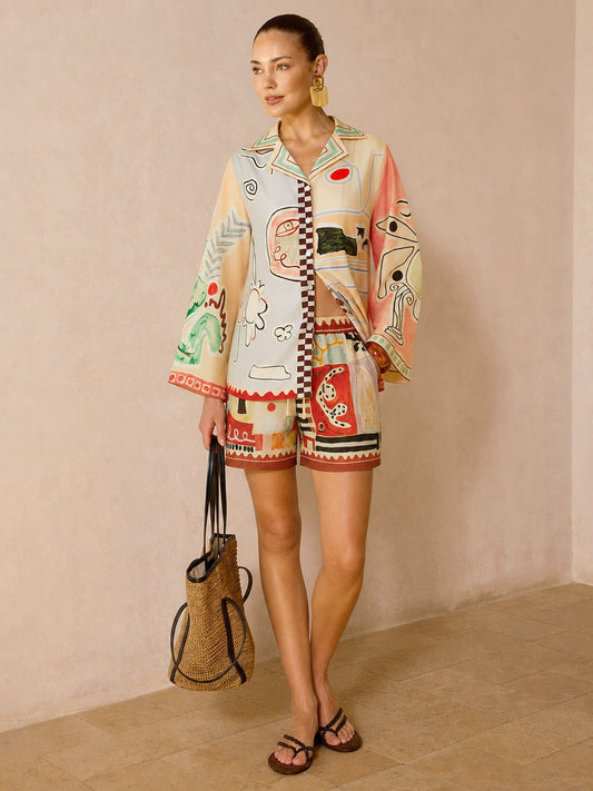 Abstract Print Button-Up Shirt & Adjustable Drawstring Shorts Set for Summer Comfort