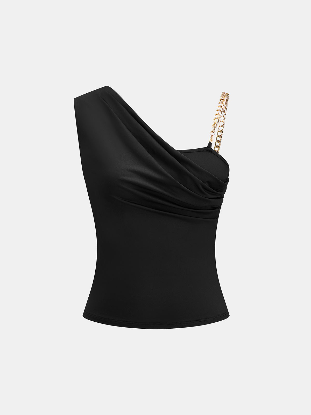 Chain Strap Draped One Shoulder Top with Elegant Flowing Fabric