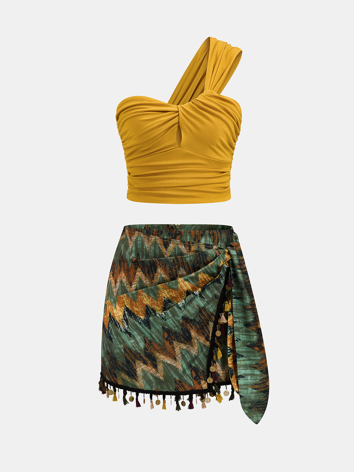 One Shoulder Top & Tassel Mini Skirt Set for Women Summer Fashion Trend