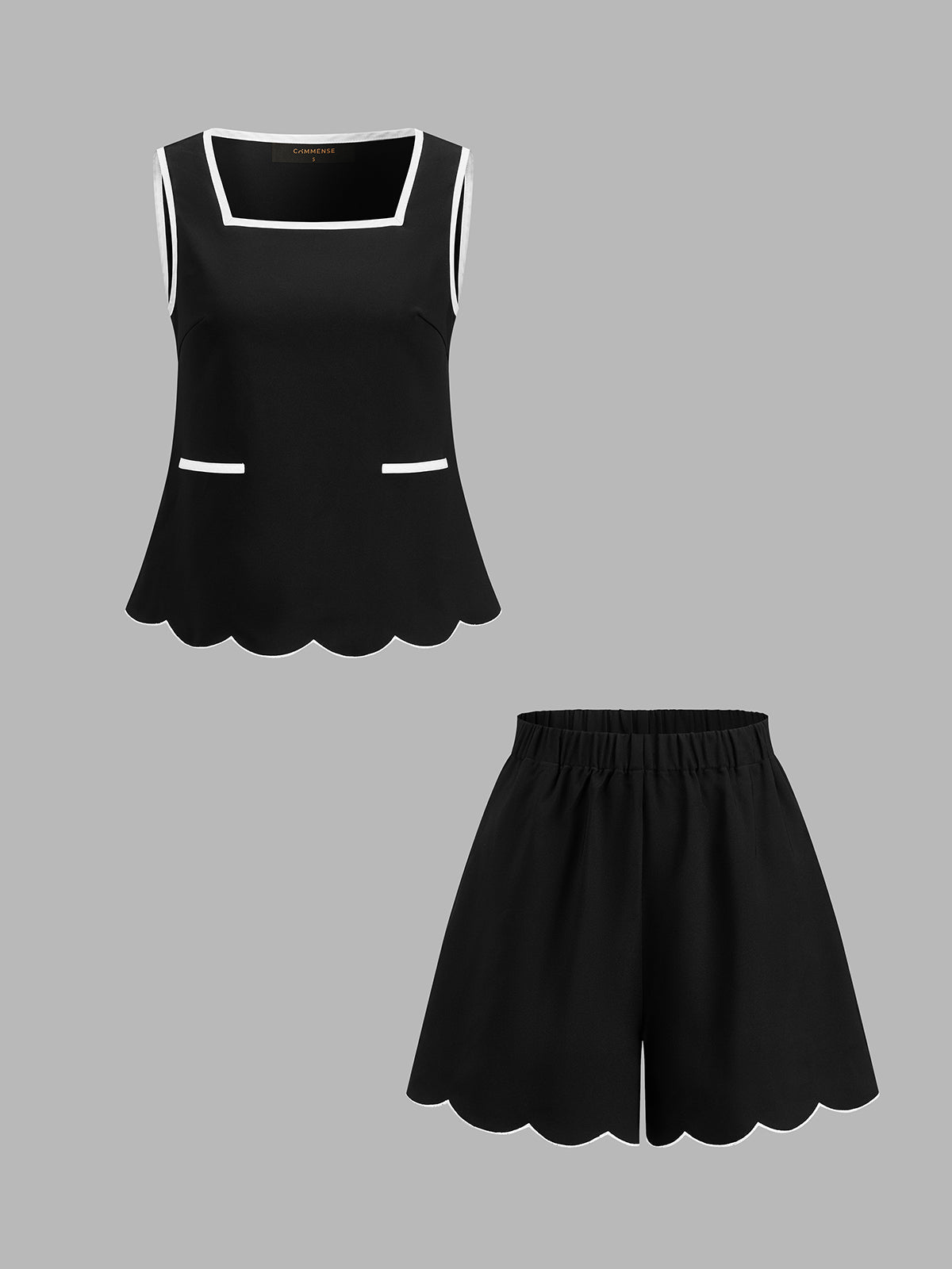Contrast Scalloped Trim Two Piece Shorts Set for Women Casual Summer