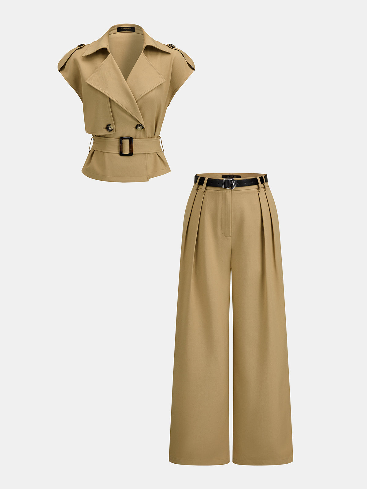 Trench Belted Blouse & Pleated Pants Set for Women Comfort Fit