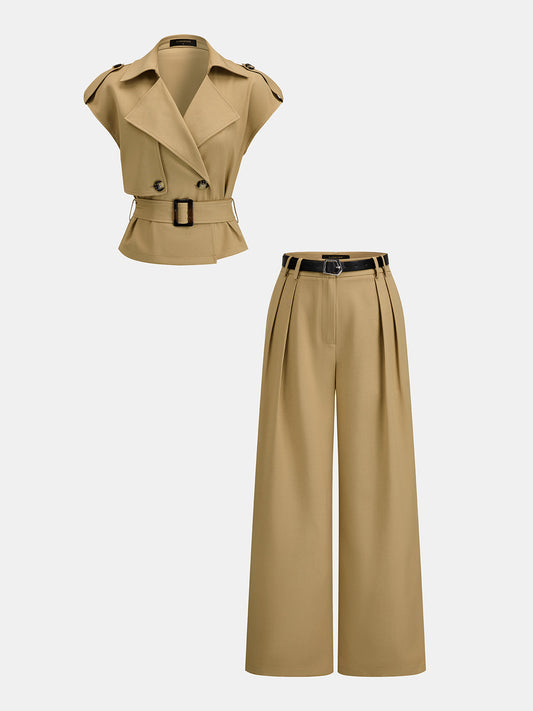 Trench Belted Blouse & Pleated Pants Set for Women Comfort Fit