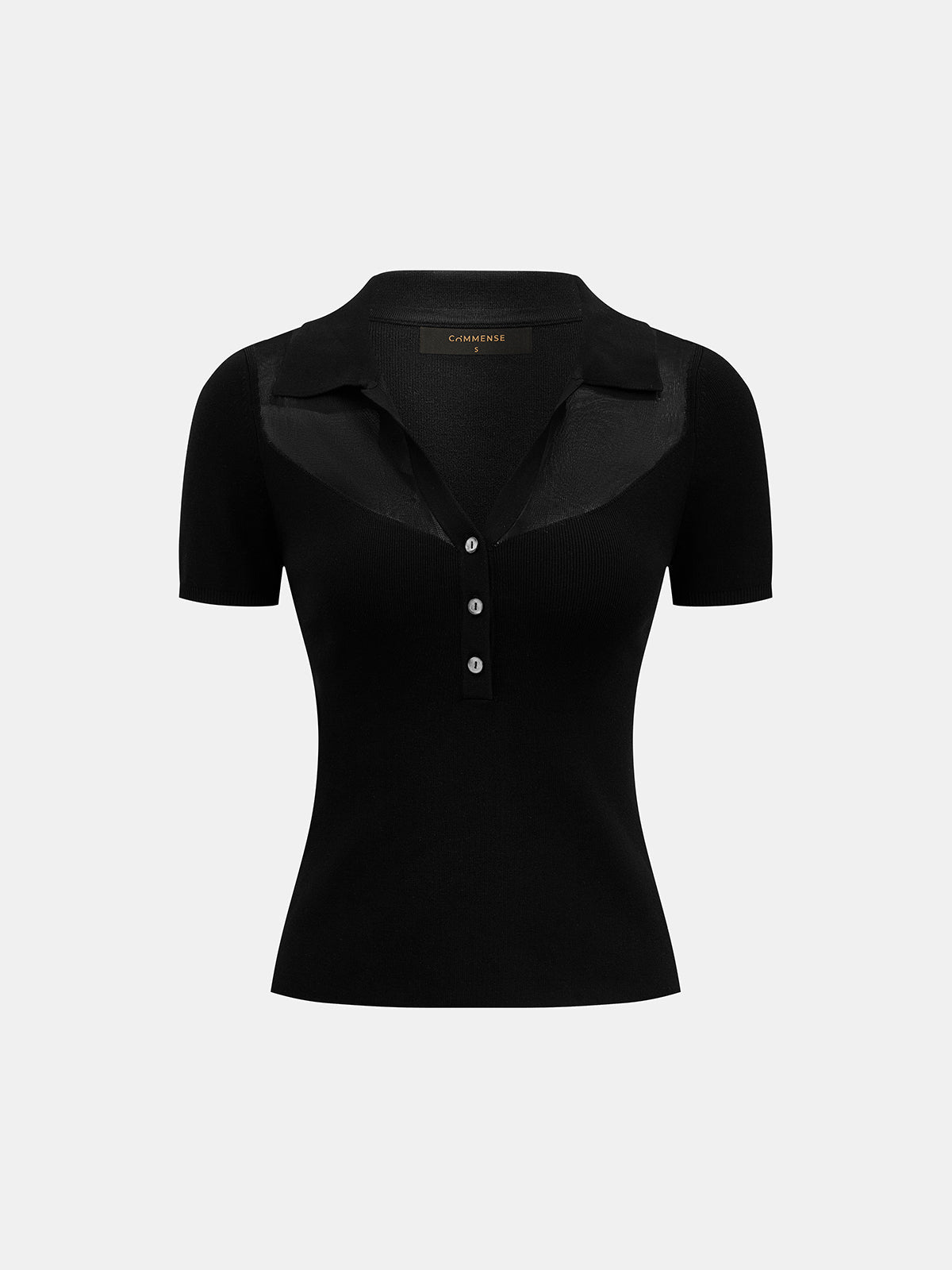 Polo Collar Sheer Panel Knit Top for Women Lightweight Long Sleeve