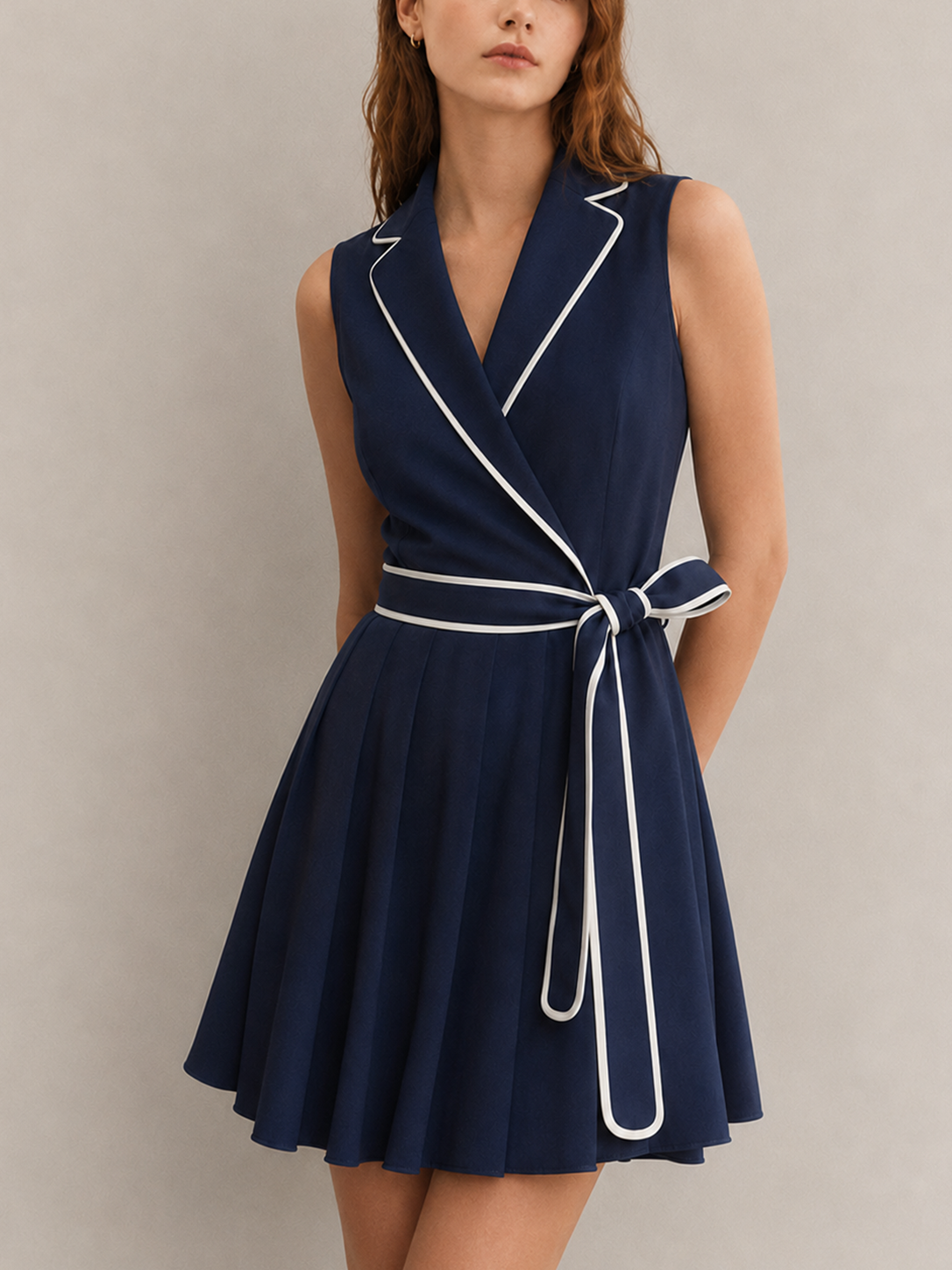 Contrast Trim Belted Lapel Pleat Mini Dress Trendy Casual Workwear