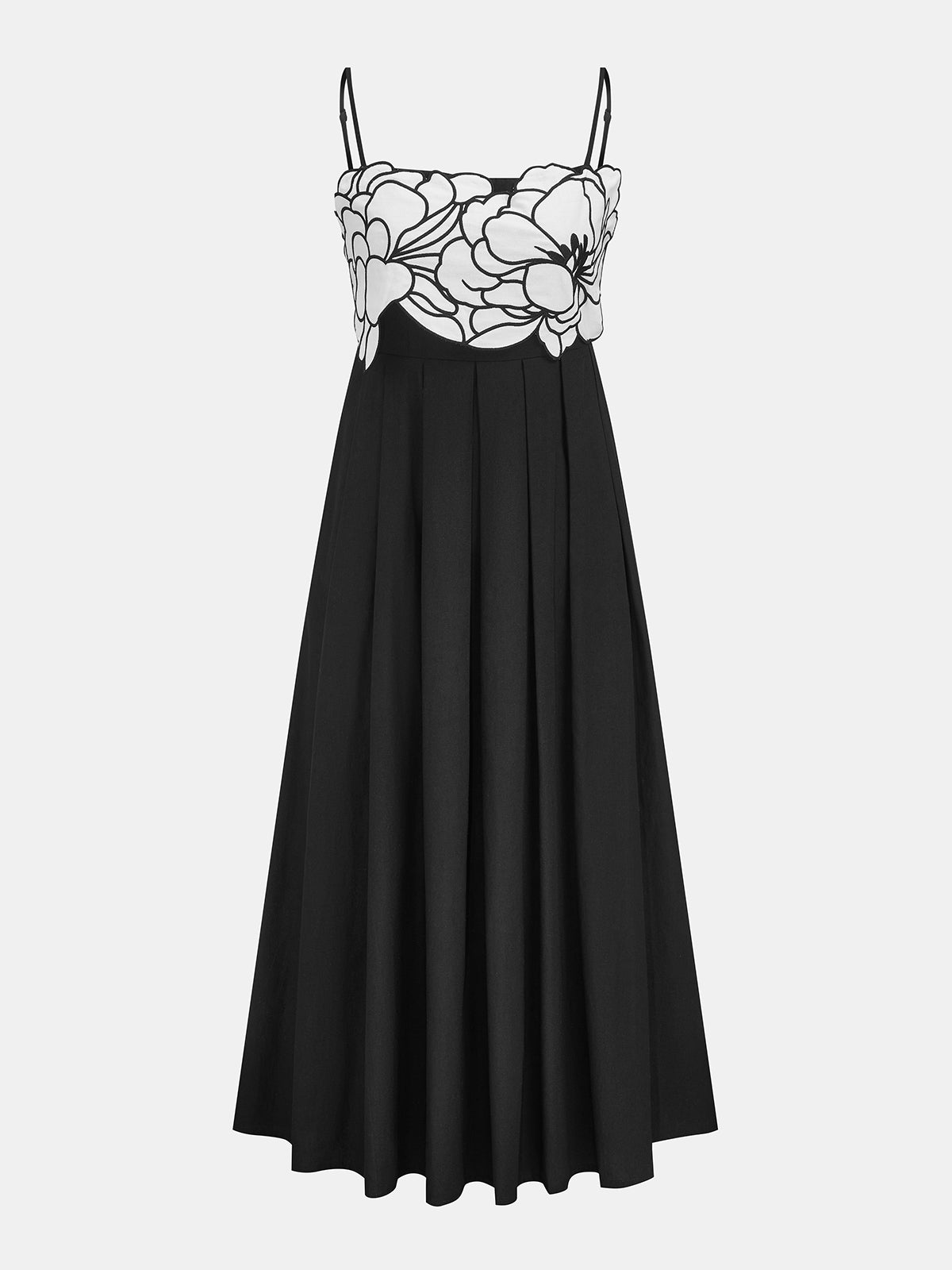 Contrast Flower Bust Pleated Swing Dress Elegant Vintage Style