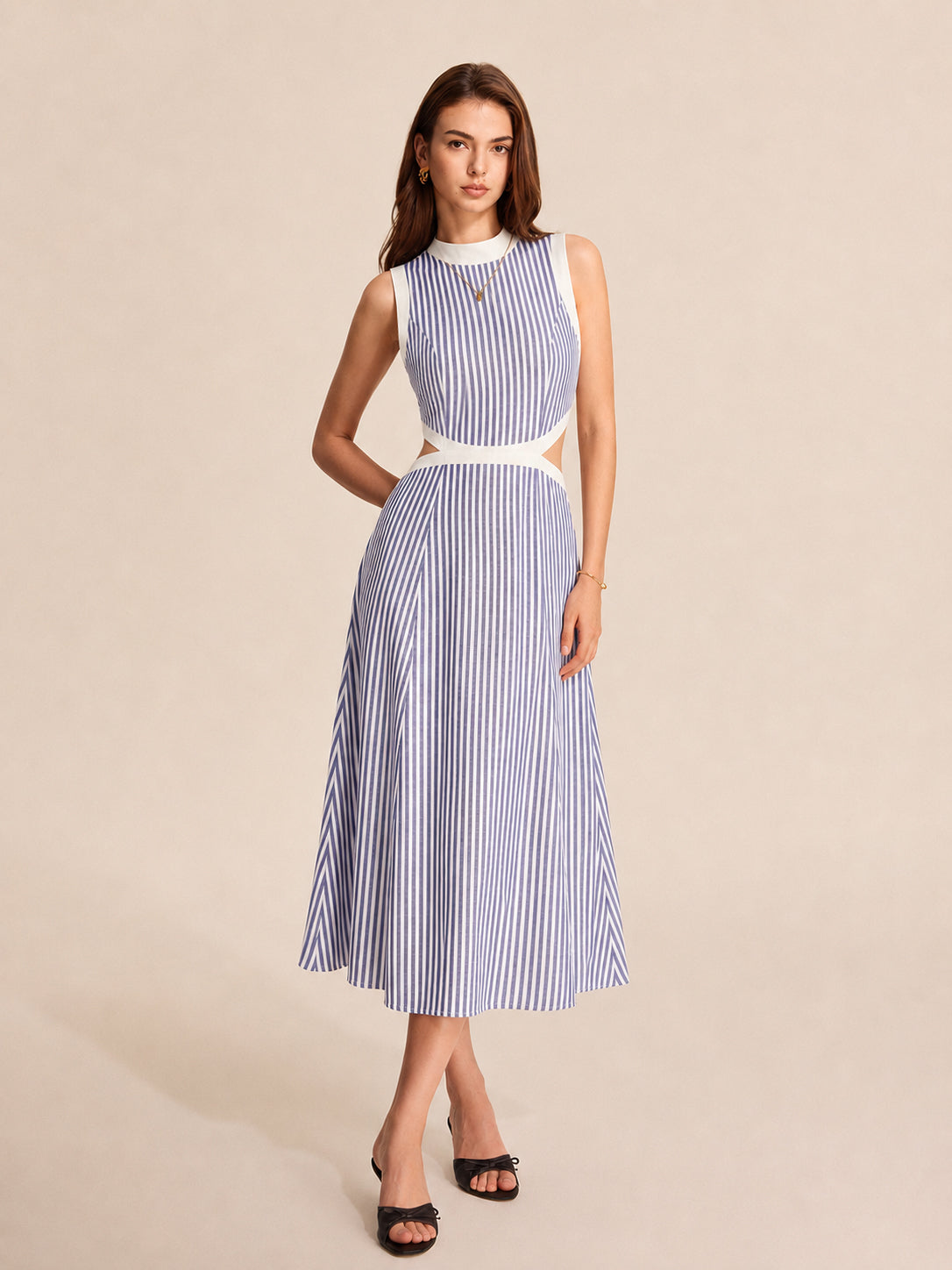 Mock Neck Waist Cutout Striped Long Sleeve Maxi Dress for Women
