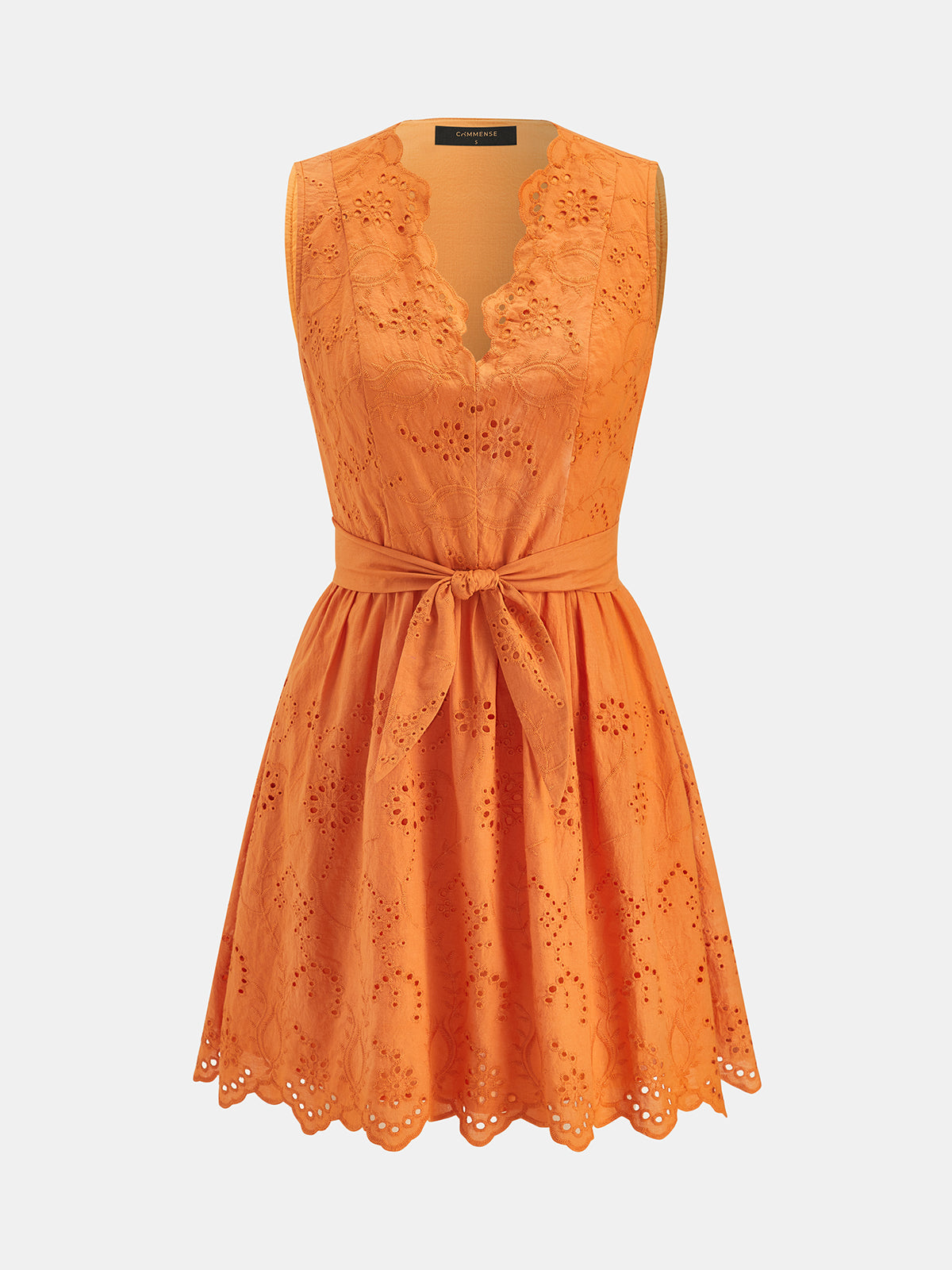 Scallop V Neck Eyelet Belted Mini Dress with Mesh Overlay