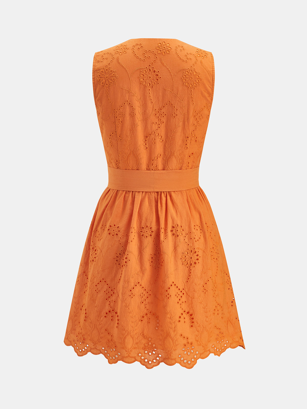Scallop V Neck Eyelet Belted Mini Dress with Mesh Overlay
