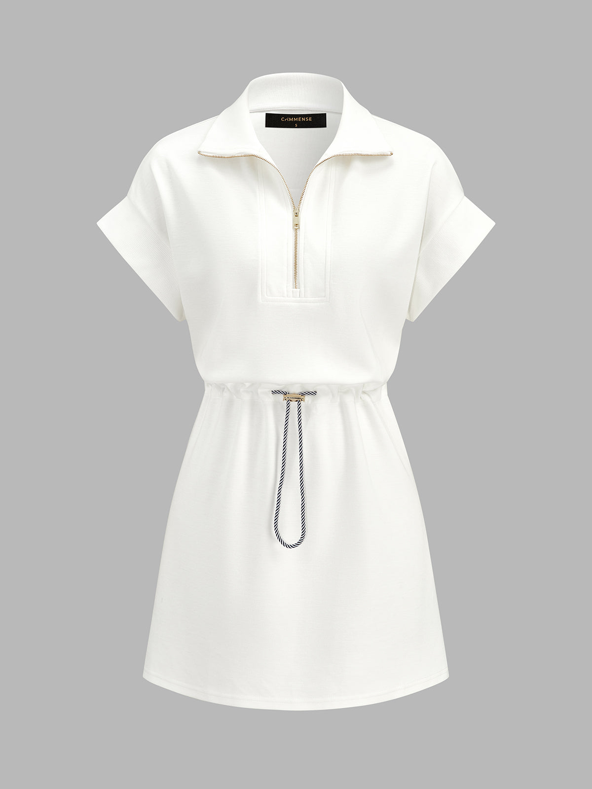 Half Zip Polo Drawstring Waist Mini Dress with Front Pockets for Women
