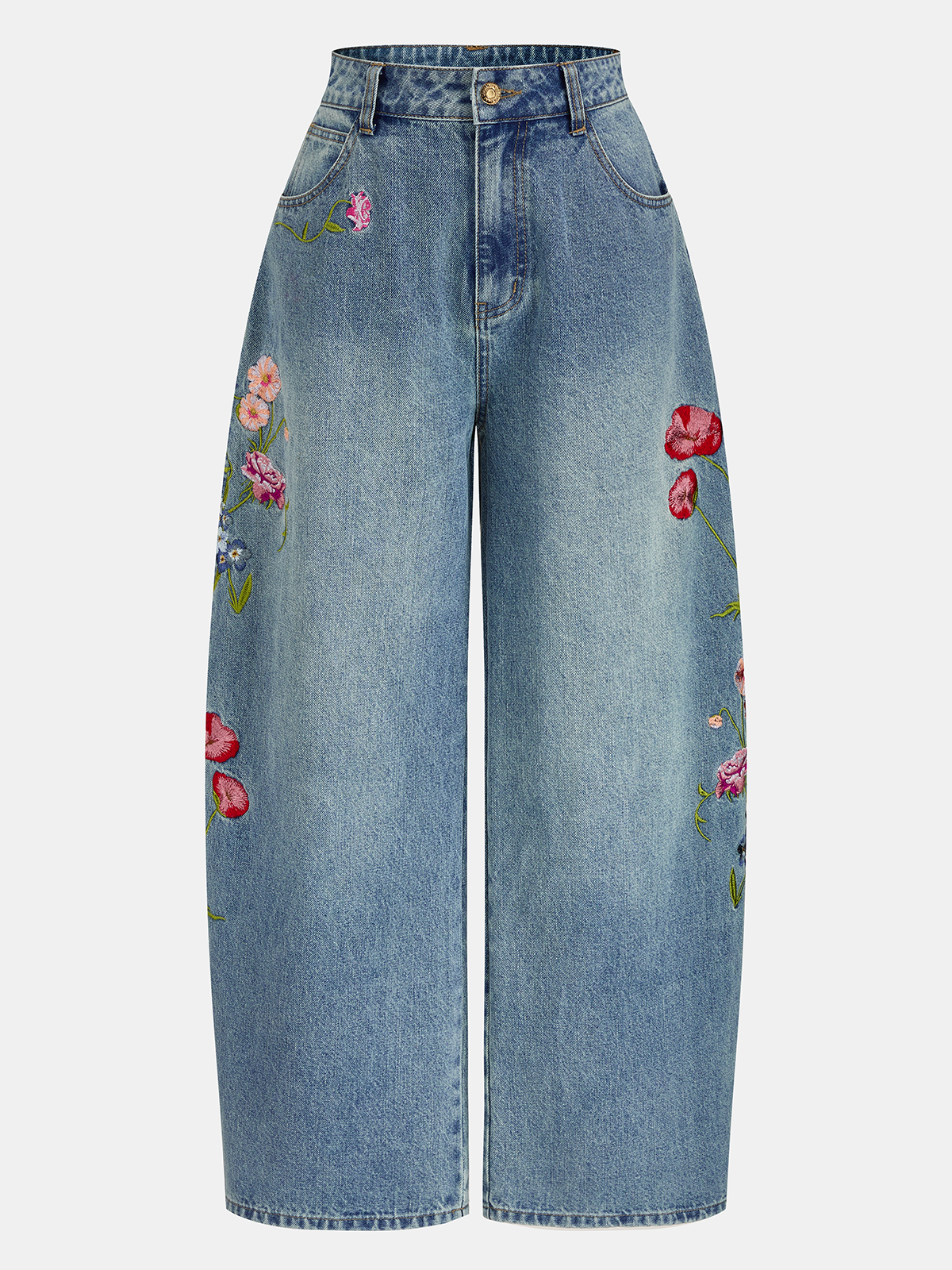 Floral Embroidery Curved-Leg Denim Pants for Women Casual Wear