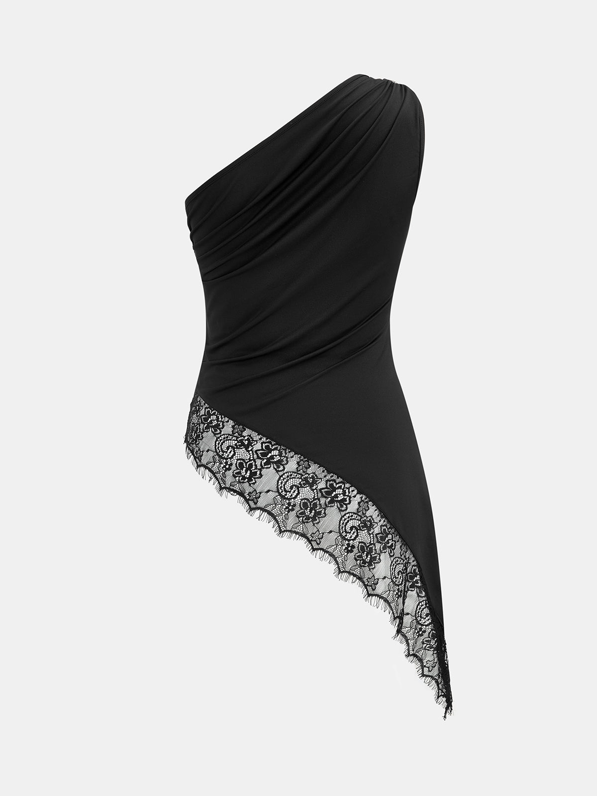Asymmetric One Shoulder Lace Hem Top with Ruffle Detail