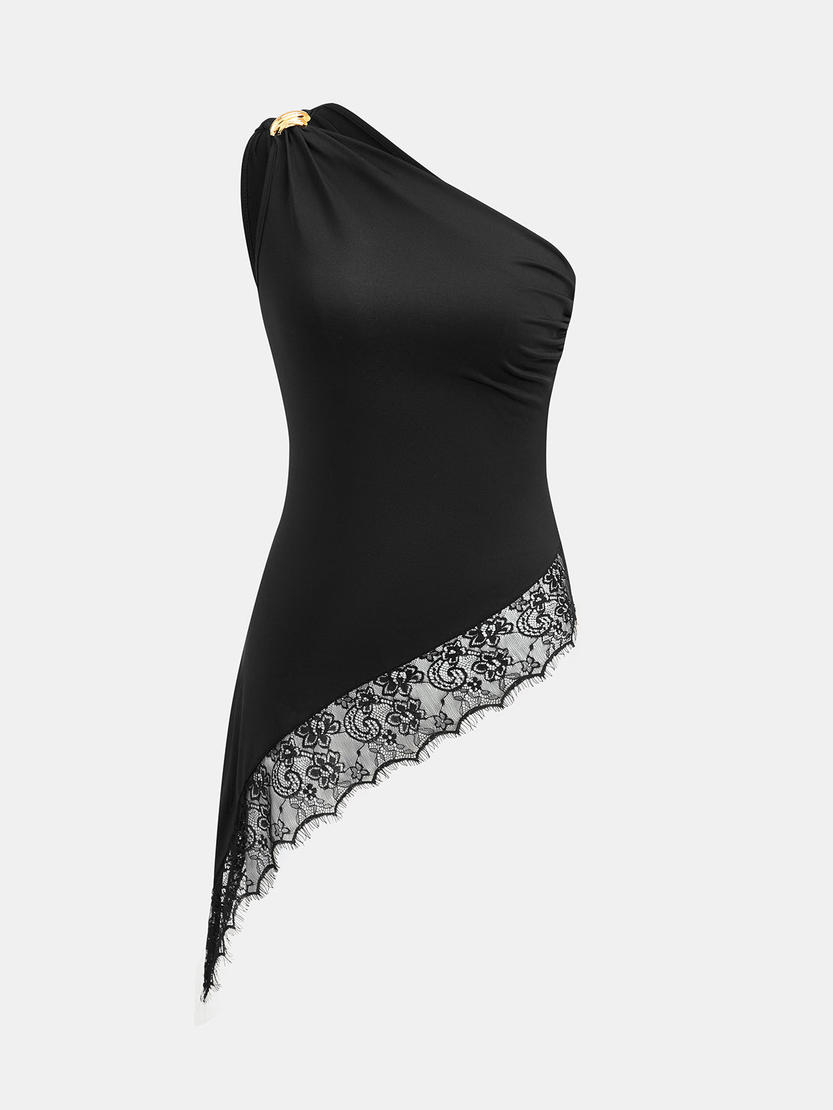 Asymmetric One Shoulder Lace Hem Top with Ruffle Detail