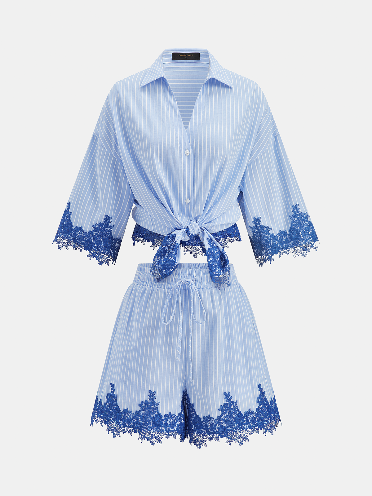 Lace Trim Striped Two Piece Shorts Set for Women Casual Summer