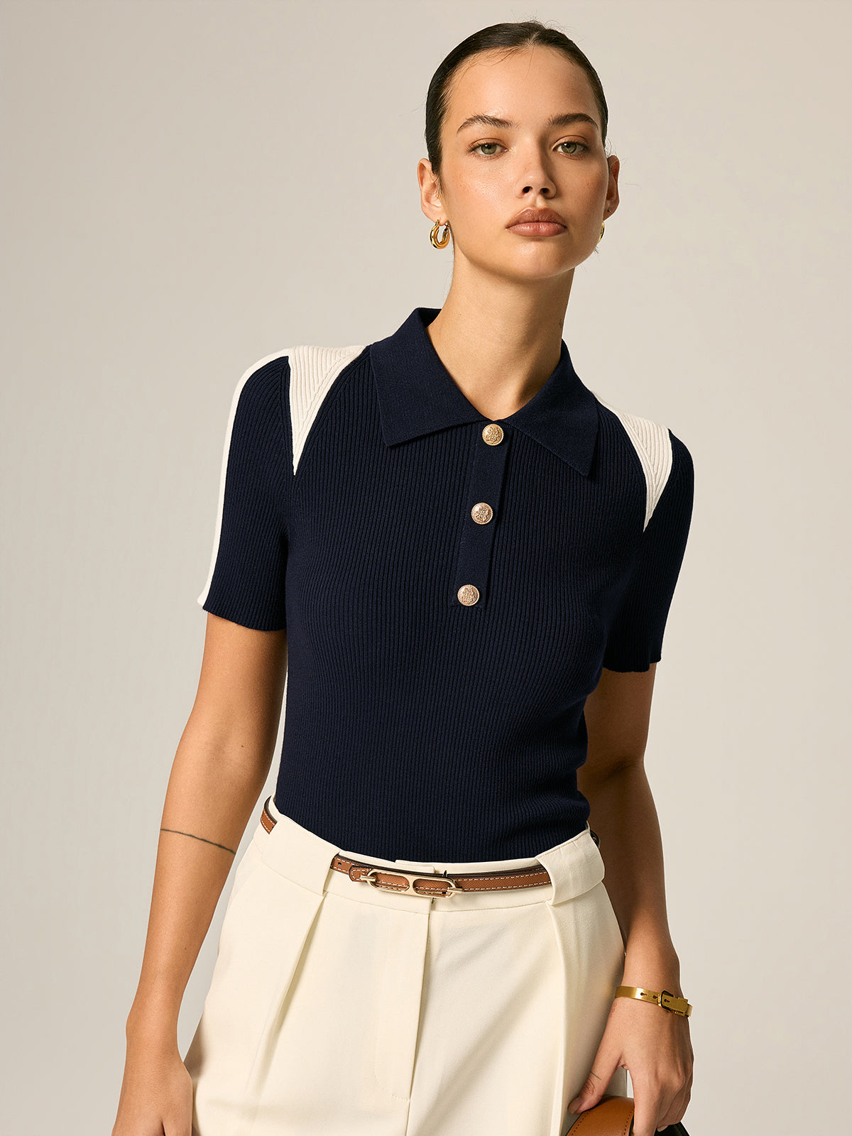 Color Block Polo Ribbed Knit Top for Women Casual Wear