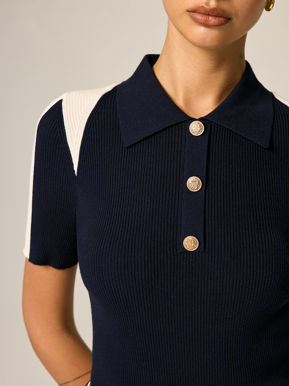 Color Block Polo Ribbed Knit Top for Women Casual Wear