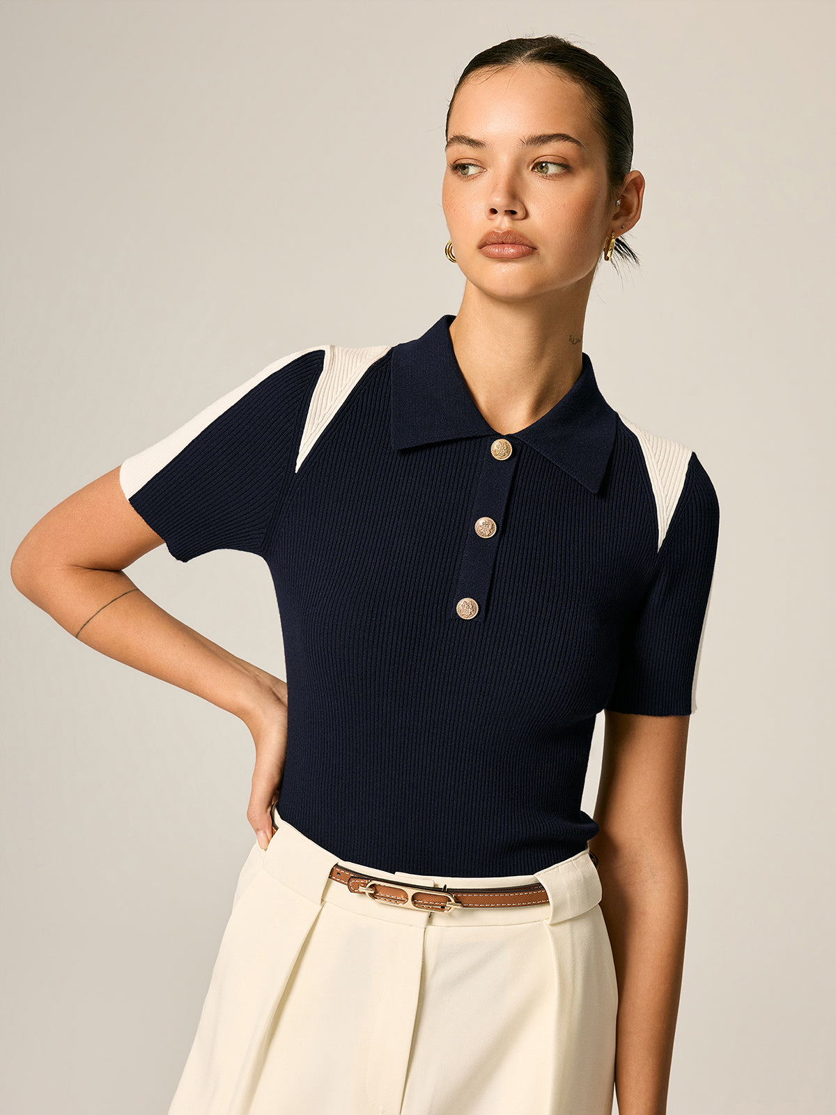 Color Block Polo Ribbed Knit Top for Women Casual Wear