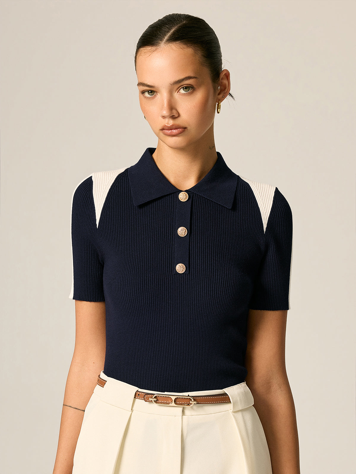 Color Block Polo Ribbed Knit Top for Women Casual Wear
