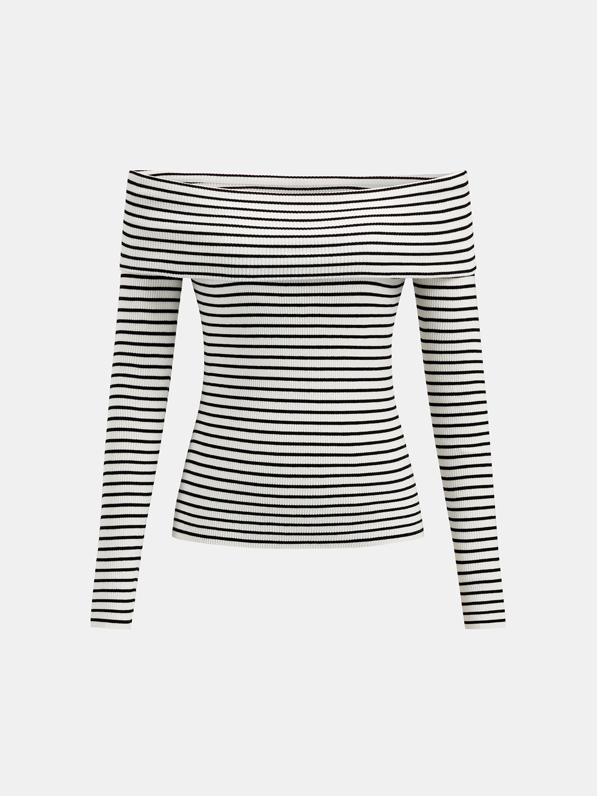 Striped Off Shoulder Rib Knit Top Comfortable Fitted Casual Style
