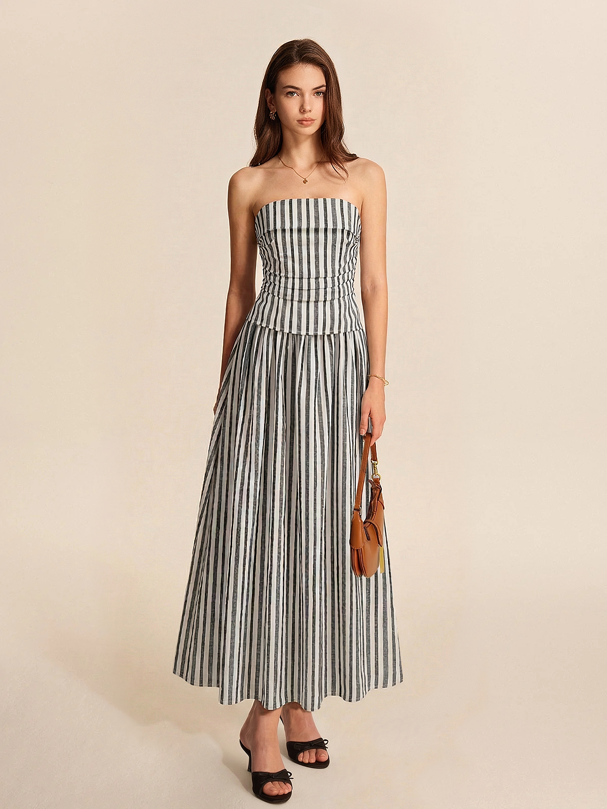 Striped Strapless Cotton Linen Ruched Dress with Side Pockets