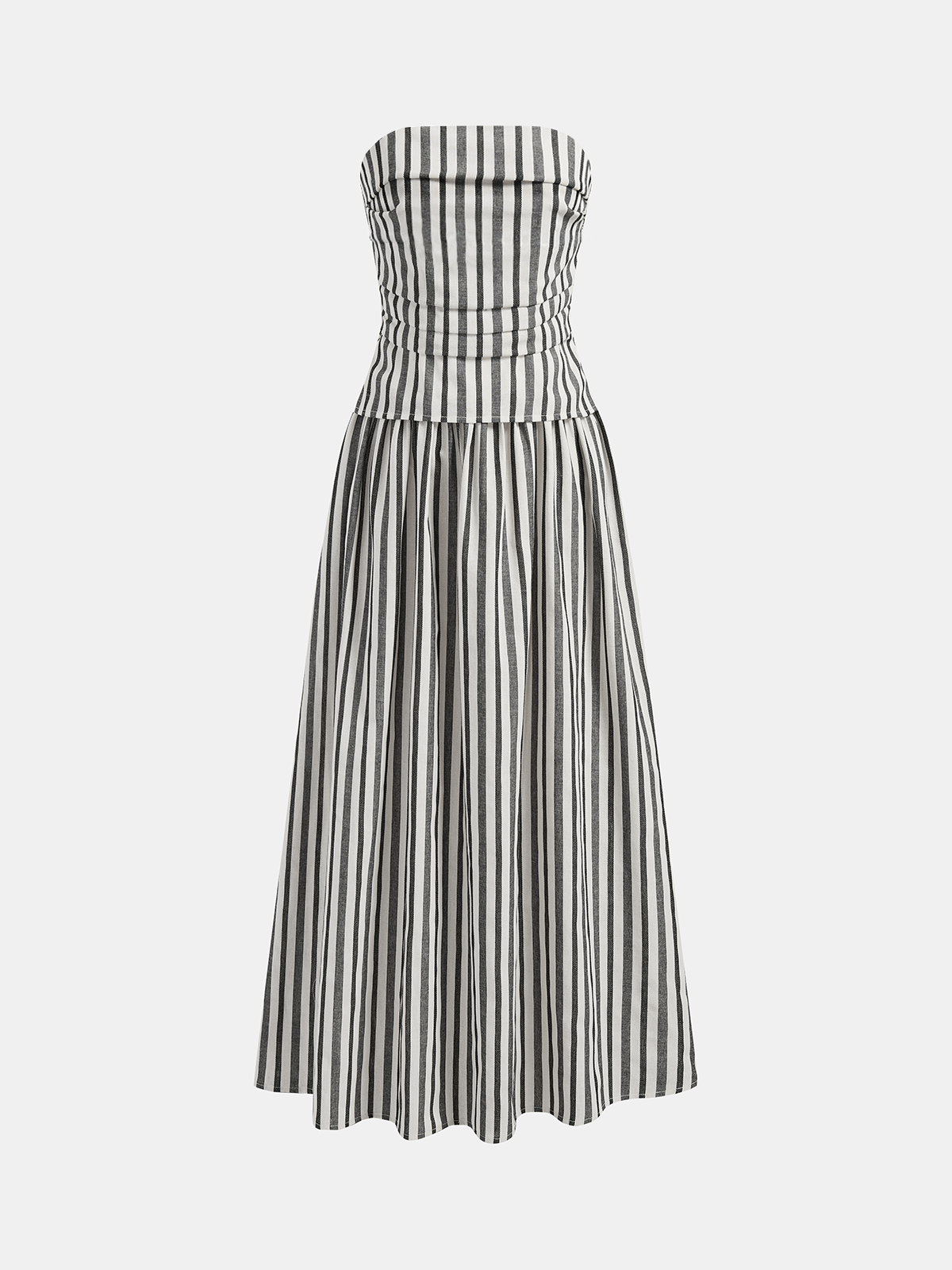 Striped Strapless Cotton Linen Ruched Dress with Side Pockets