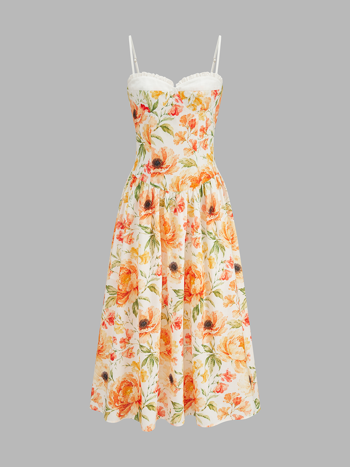 Ruffle Bust Floral Print Cami Midi Dress with Adjustable Straps