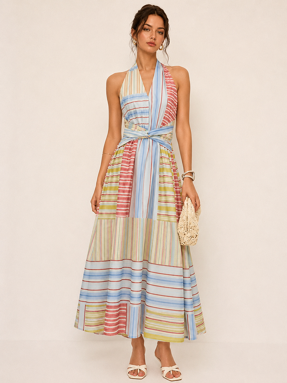 Color Stripe Tie-Back Midi Dress with Adjustable Straps and Pockets