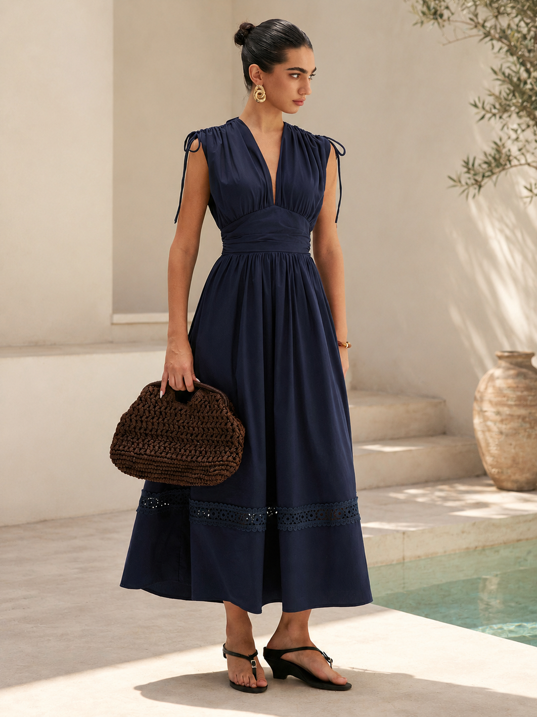 Drawstring Shoulder Lace Panel Midi Dress with Flared Sleeves and V-Neck