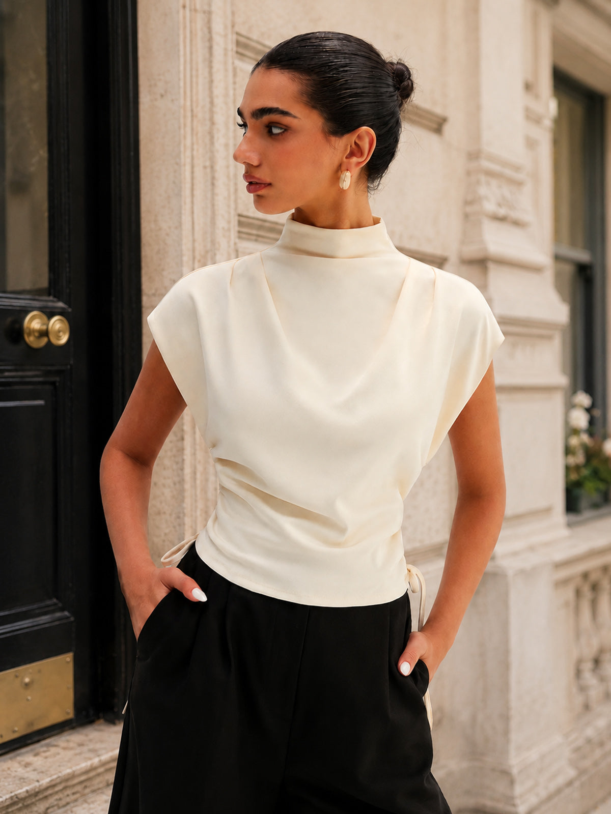 Draped Side Drawstring Cap Sleeve Top Women's Casual Blouse