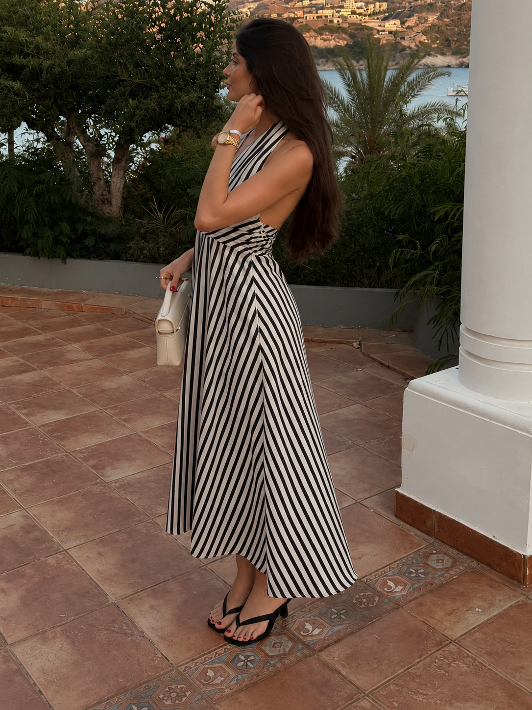 Stripe Backless Pockets Dress with Adjustable Straps Summer Beachwear