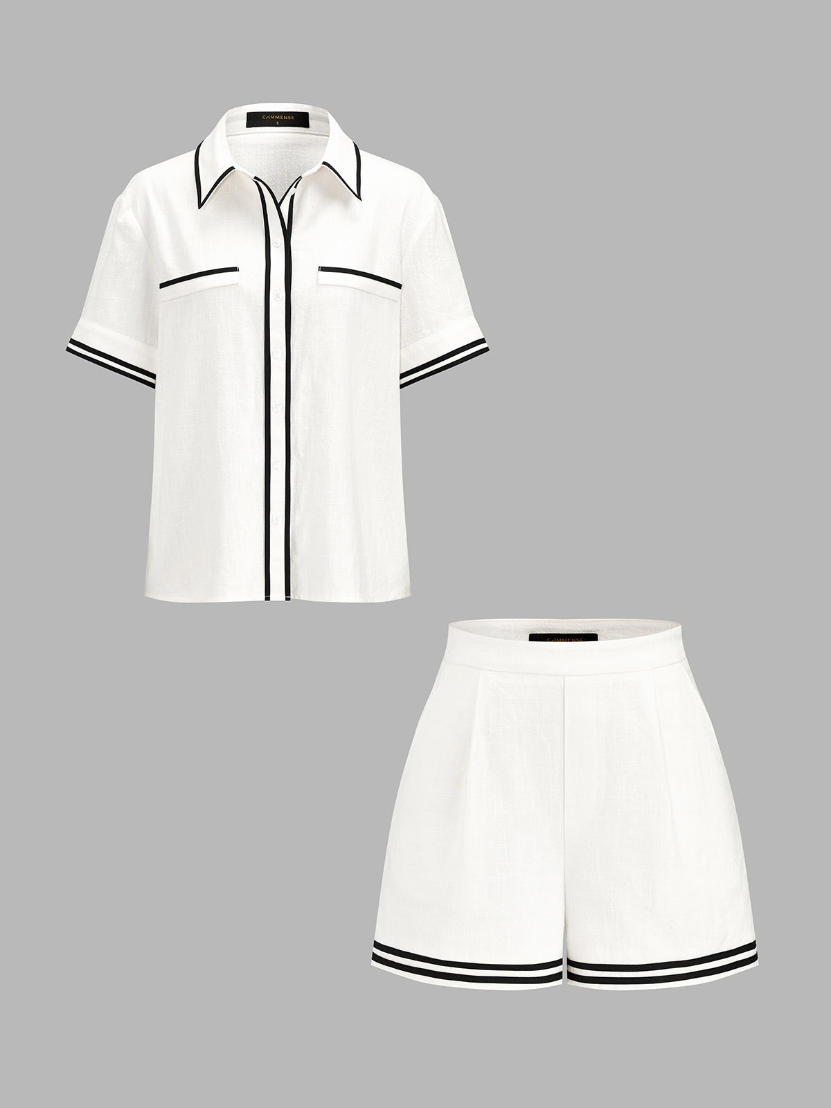 Contrast Trim Cotton Linen Two Piece Shorts Set for Casual Summer Wear