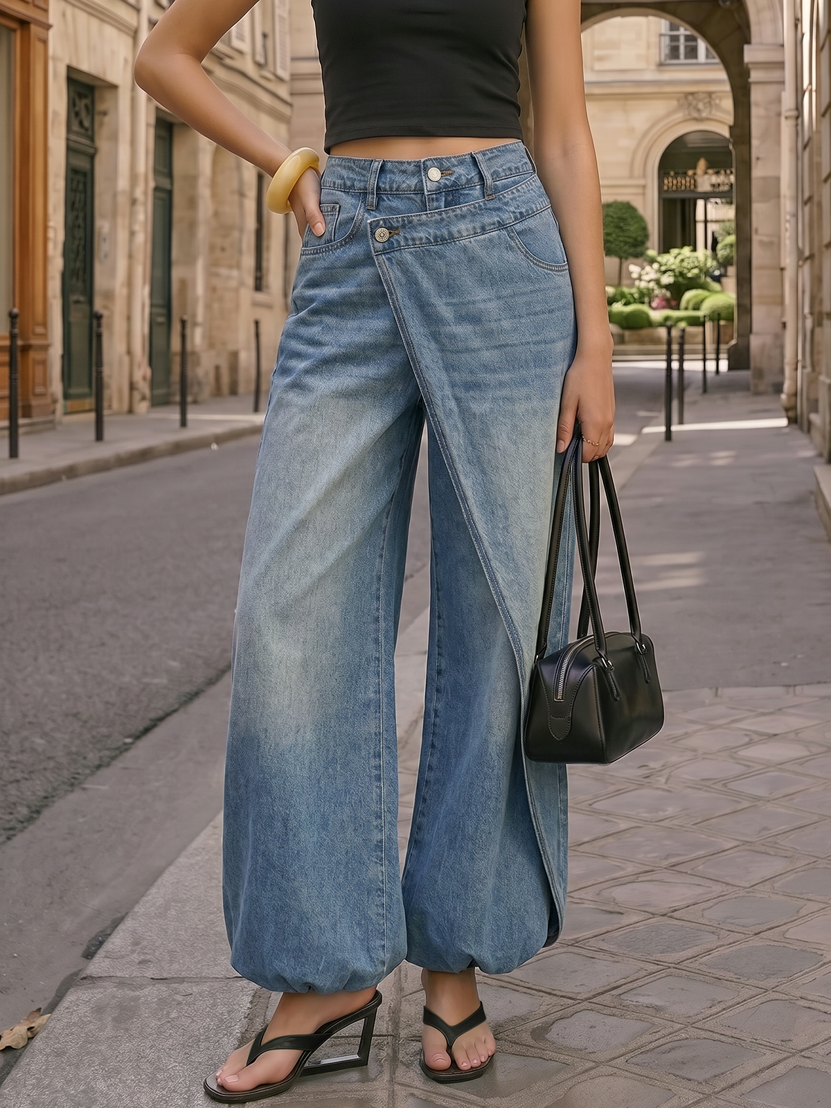 Cross Wrap Overlap Wide Leg Jeans High-Waisted Comfort Fit Stylish Denim