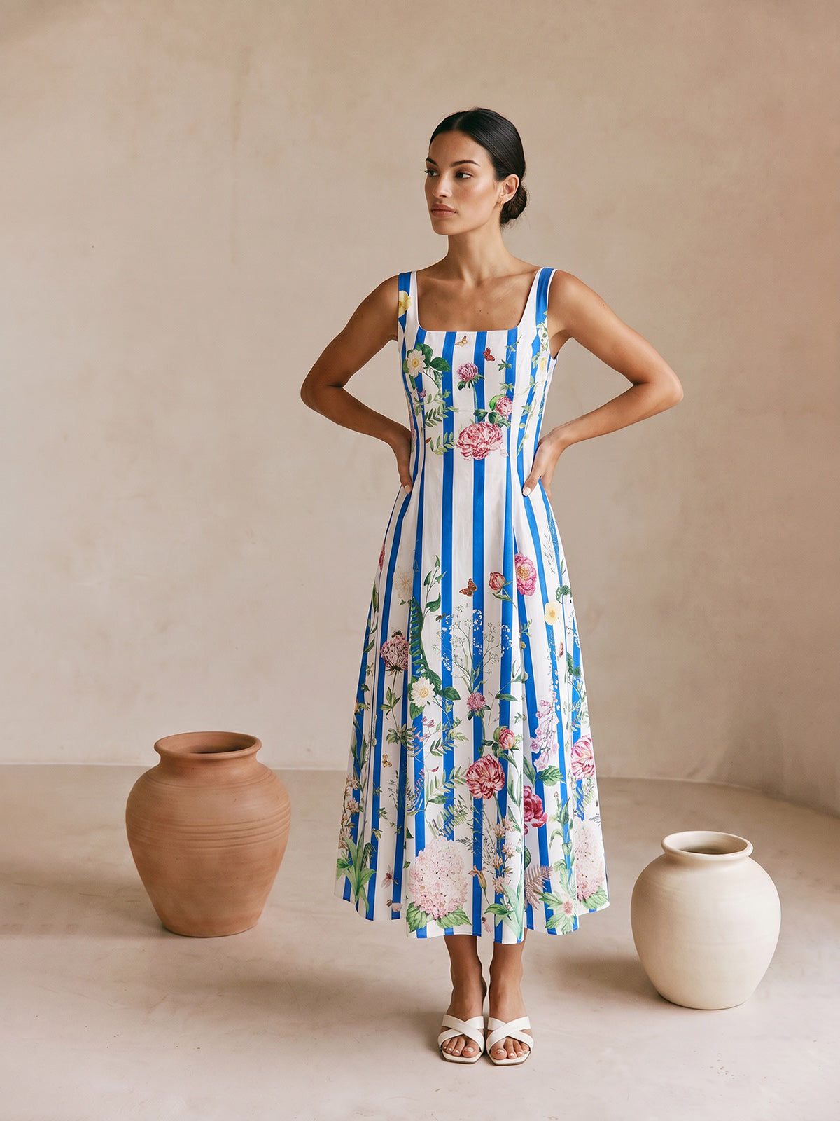 Floral Print Striped Sleeveless Maxi Dress for Women Casual Summer Style