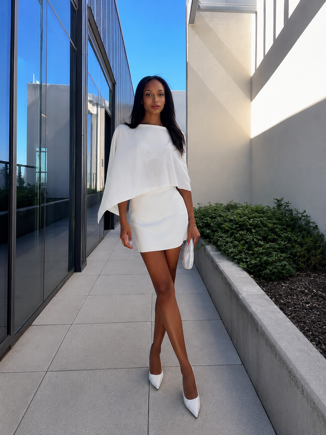 Asymmetric Knit Cape Top & Mini Skirt Set Stylish Women's Outfit