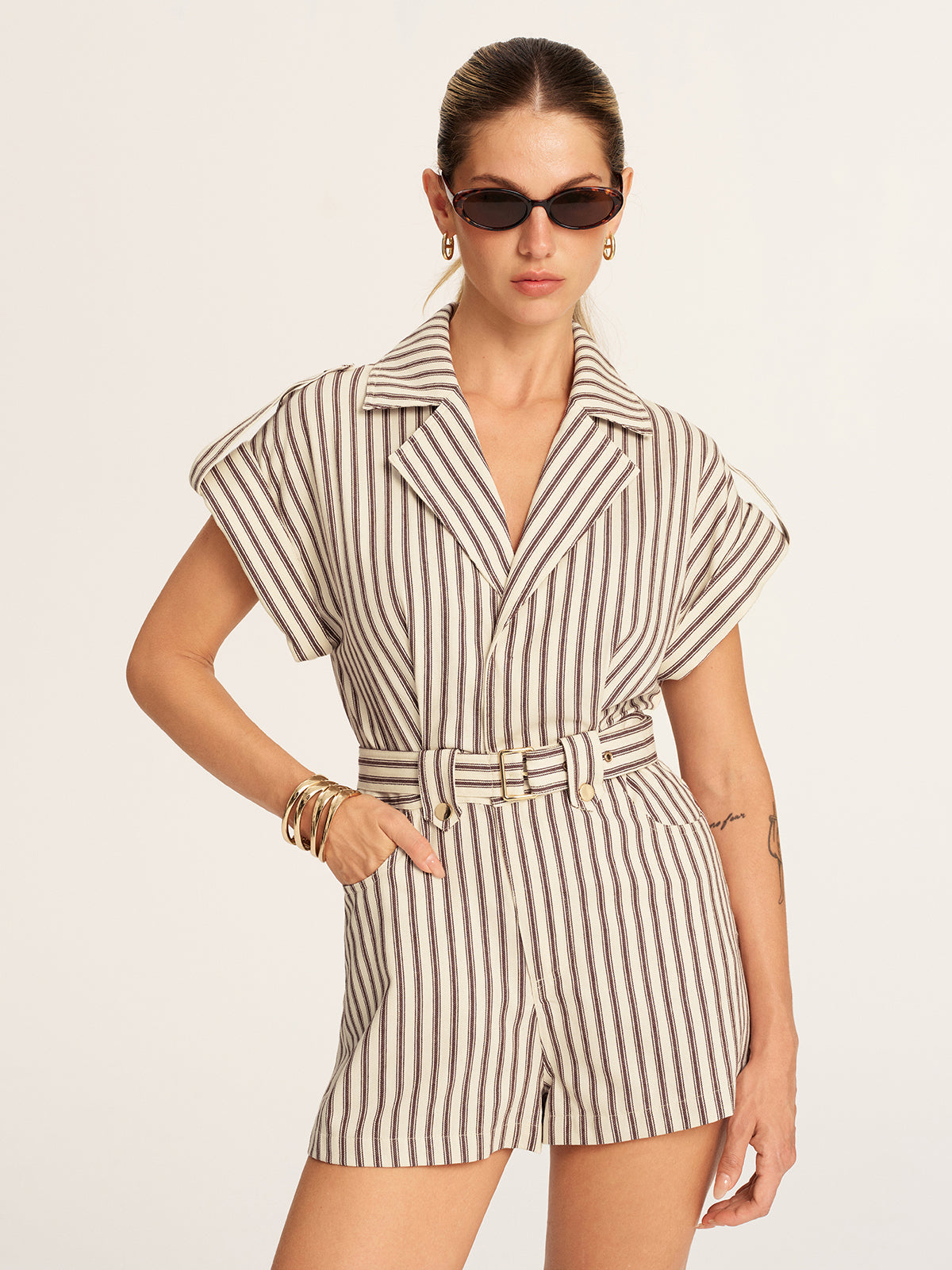 Cotton Striped Belted Lapel Romper Lightweight Comfy Casual Wear