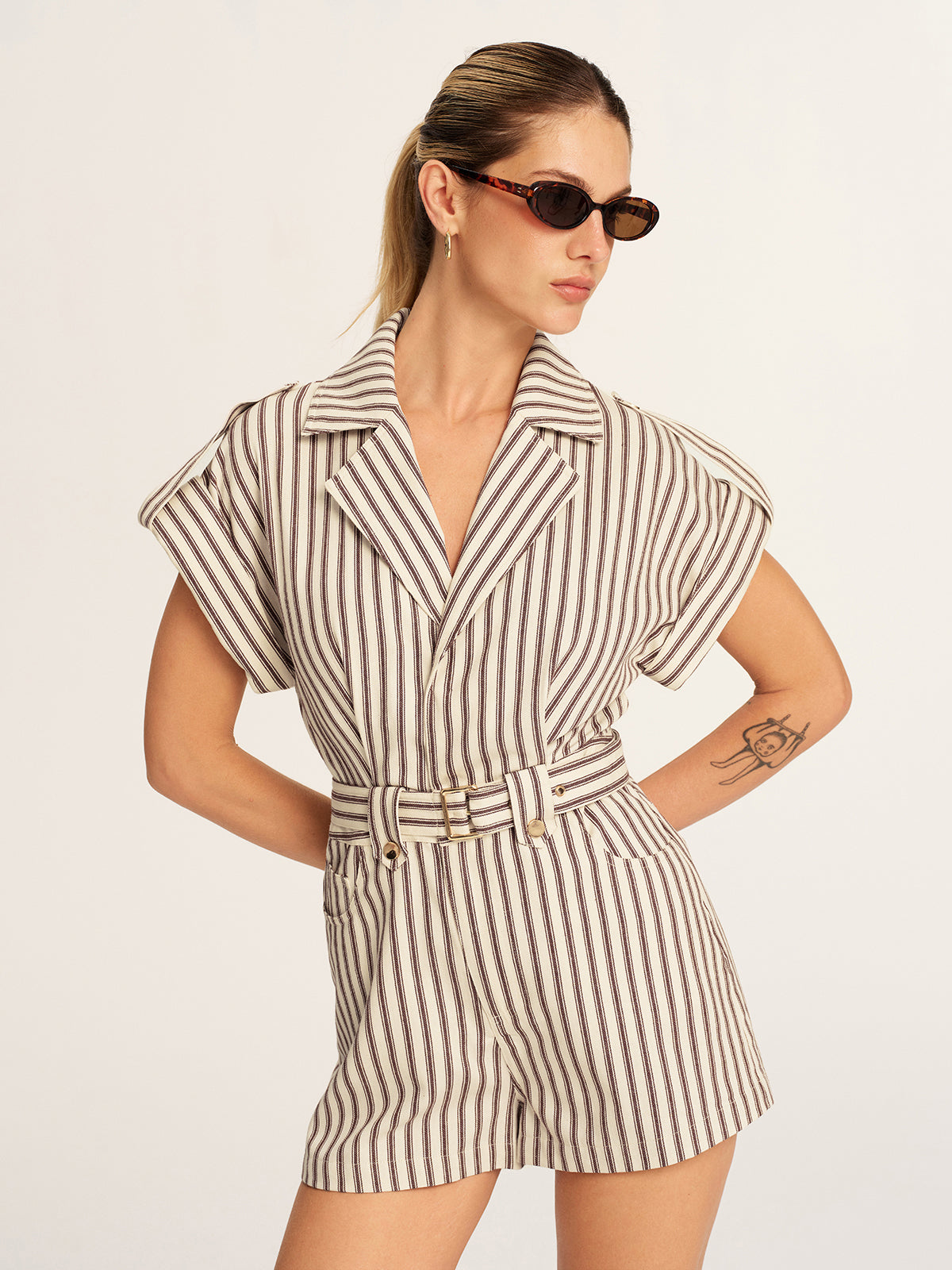 Cotton Striped Belted Lapel Romper Lightweight Comfy Casual Wear