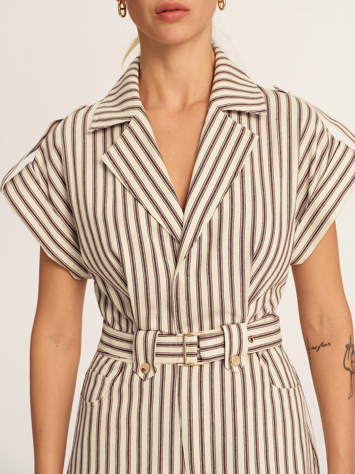 Cotton Striped Belted Lapel Romper Lightweight Comfy Casual Wear