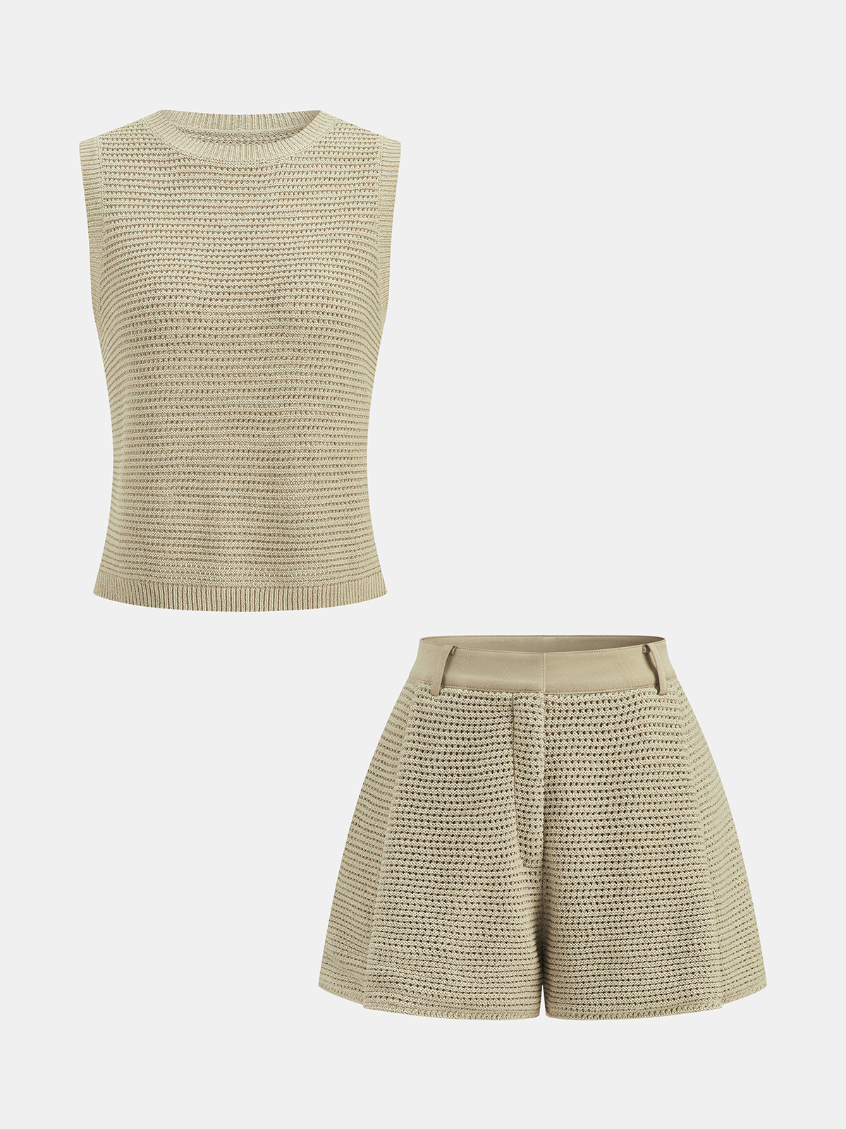 Open Knit Sleeveless Tank Top & Shorts Set for Women Casual Summer