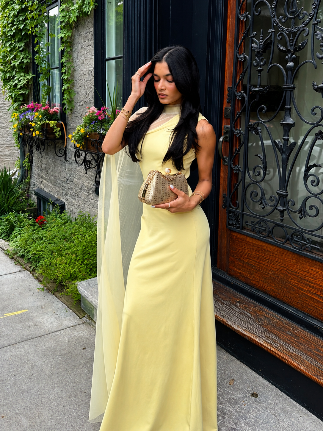 Sheer Drape Slim Maxi Evening Dress Elegant Long Formal Gown