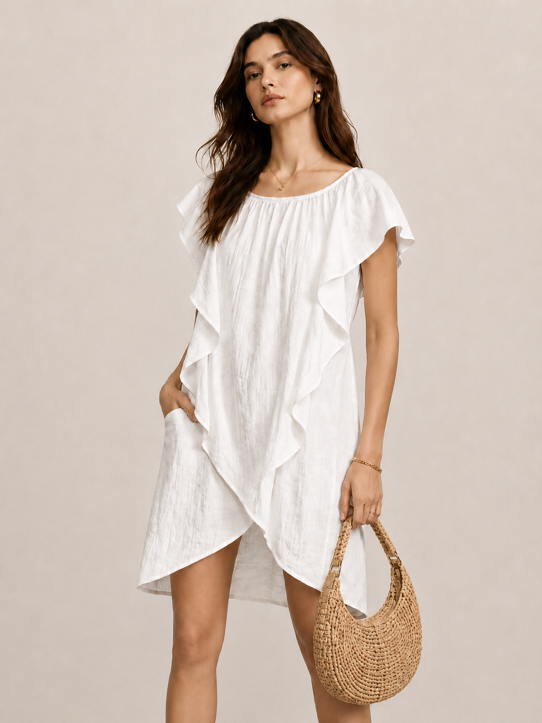 Ruffle Textured Fabric Loose Mini Dress for Casual Summer Wear