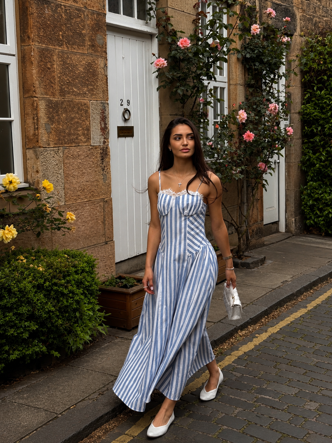 Lace Trim Striped Cotton Cami Maxi Dress for Women Summer Casual