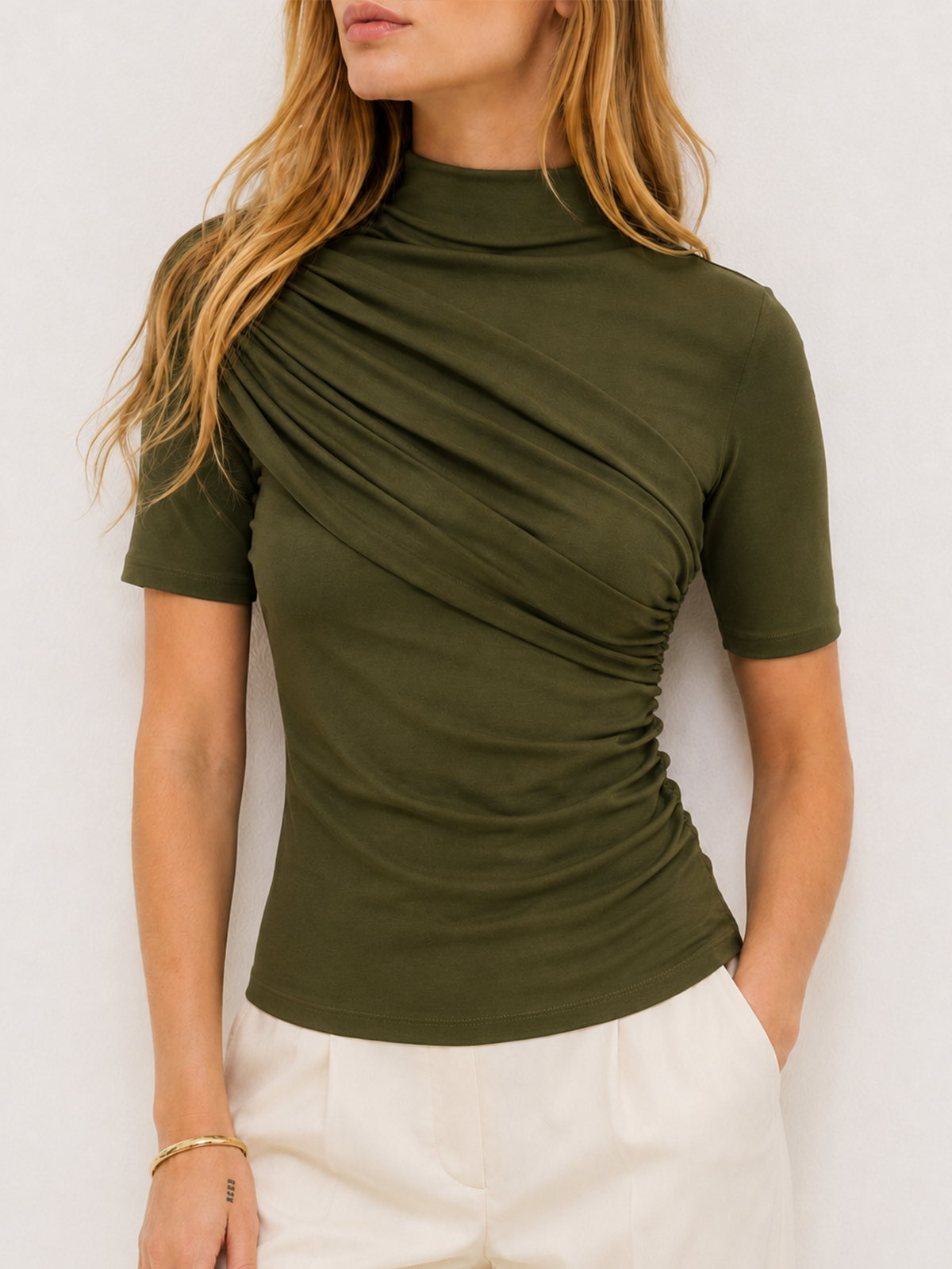 Asymmetric Ruched High Neck Top with Long Sleeves for Women