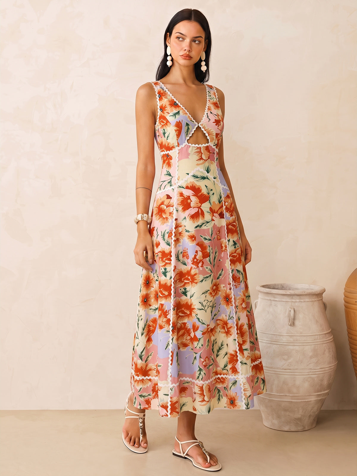Sleeveless Floral Print Backless Maxi Dress for Summer Beach Weddings