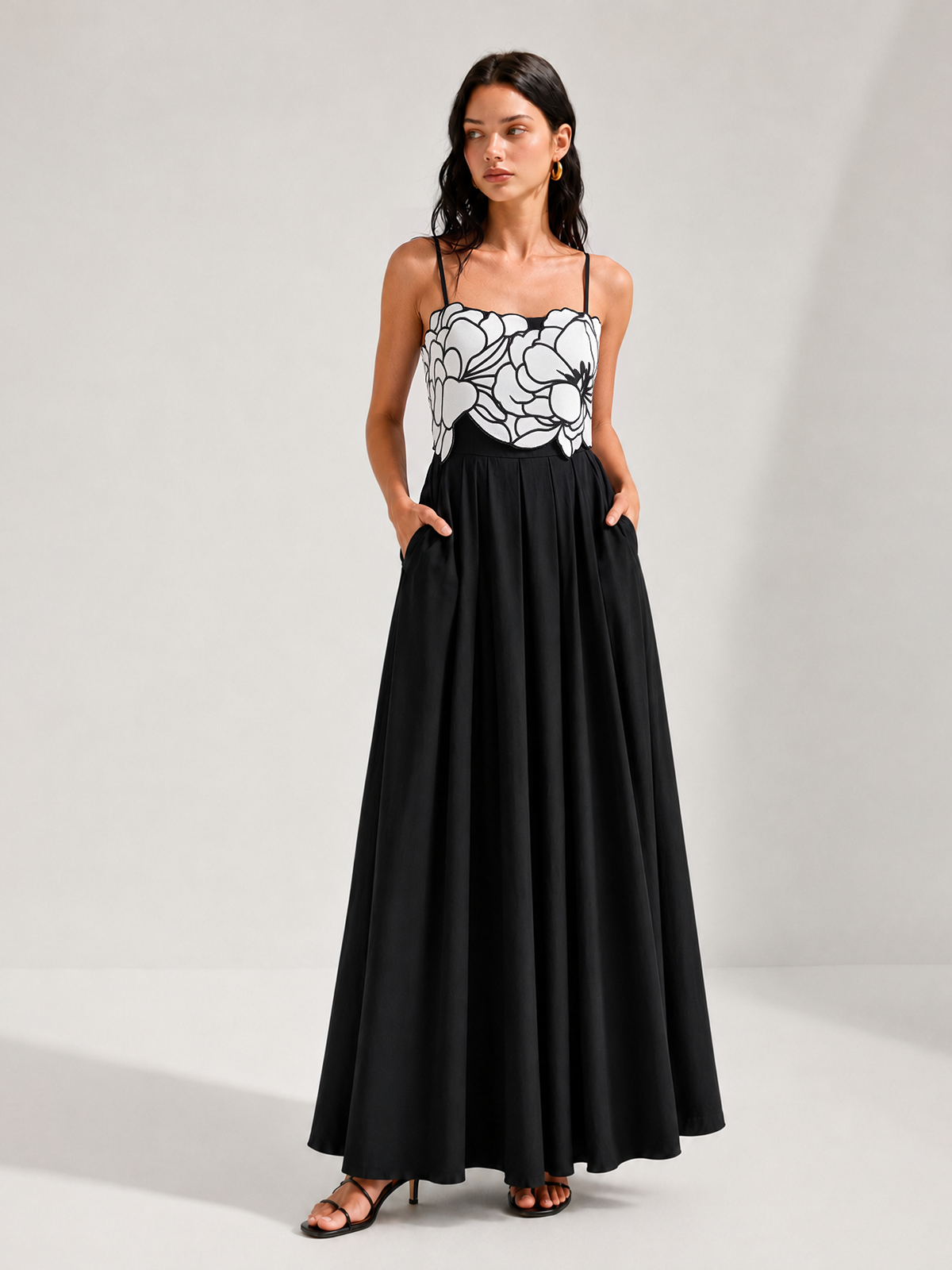 Contrast Flower Bust Pleated Swing Dress Elegant Vintage Style