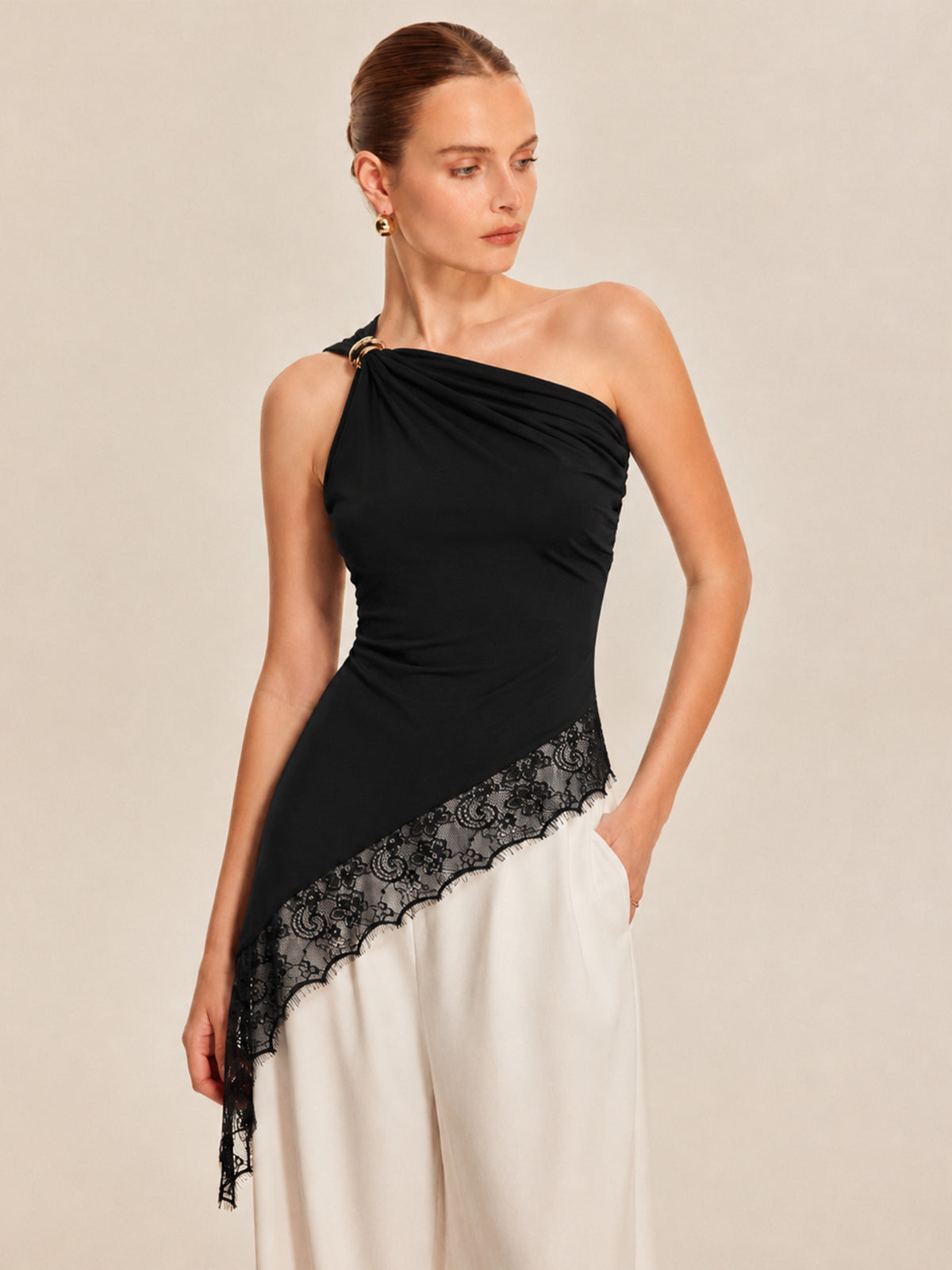 Asymmetric One Shoulder Lace Hem Top with Ruffle Detail